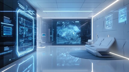 Poster - Futuristic 3D room with holographic displays and advanced technology, cutting-edge design