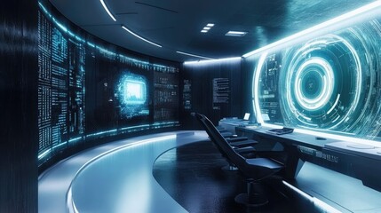 Poster - Futuristic 3D room with holographic displays and advanced technology, cutting-edge design