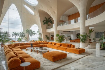 Poster - Elegant beach house with unique curved architecture and natural light flowing through large windows