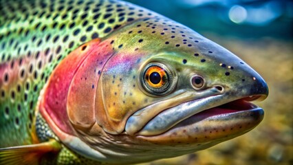 Close-up of a Rainbow Trout's Eye, Capturing the Vibrant Colors and Intricate Patterns of its Skin - Freshwater Fish, Wildlife Photography, Aquatic Life, Nature Photography