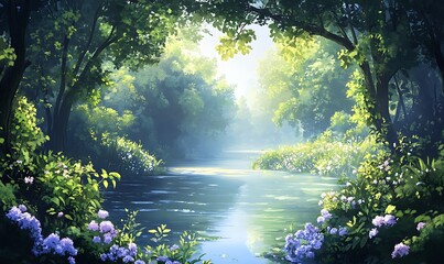 Sticker - Tranquil River Through Lush Green Forest