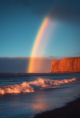 Wall Mural - A brilliant rainbow arching over a coastal landscape, with waves crashing on the shore and cliffs in the distance, capturing the harmony of nature