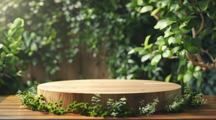 Canvas Print - Wooden podium with foliage, underside perspective. Naturalistic timber stage for showcasing products. Simple outdoor setting with pedestal design. Make-up showcase or honor event.