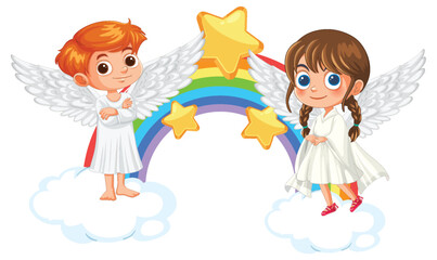 Canvas Print - Angels with Rainbow and Stars