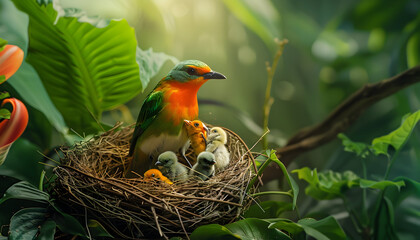 Wall Mural - A colorful bird with bright orange and green plumage sitting on a nest with its chicks.