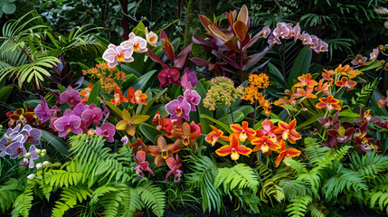 Wall Mural - A vibrant and colorful display of orchids in full bloom.