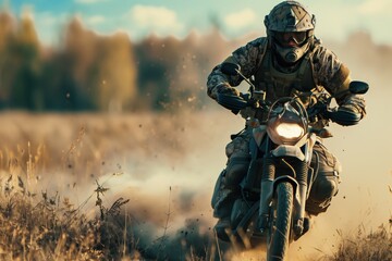 Poster - a military man rushes on a motorcycle with a weapon along a dirt road