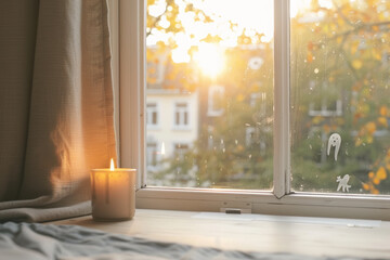 A view of the sun rising through an open window, there is a candle on top and white cute ghosts drawn or sticker can be seen on it, in front of the bed, cozy atmosphere...