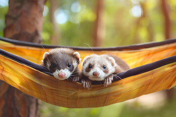 Two cute ferrets relaxing in a hammock, looking at the camera.