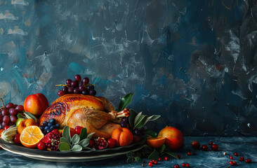 Wall Mural - A beautifully arranged turkey on an elegant plate, surrounded by fresh apples and oranges, against the backdrop of a dark blue textured background