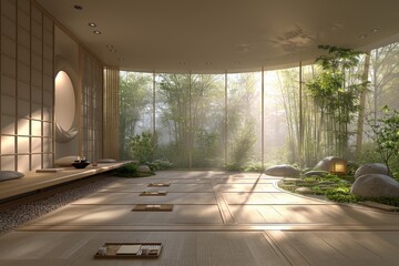 Sticker - Zen inspired tranquil space with minimalist design and soft lighting ideal for relaxation and mindfulness practice