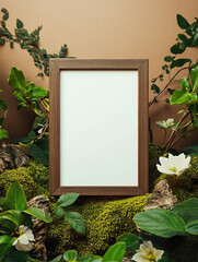 A wooden photo frame mockup with an empty white canvas