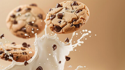 Poster - Chocolate chip cookies with milk splash on beige background