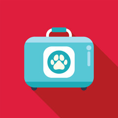 Poster - Blue pet carrier bag illustrating veterinary medicine concept on red background