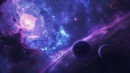 an epic space scene showing a distant galaxy with swirling nebulae, bright stars, and planets in the