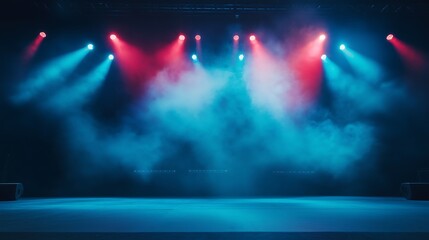 Wall Mural - Empty concert stage with illuminated spotlights and smoke