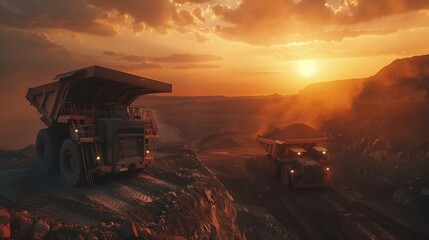 Two Mining Trucks Working at Sunset