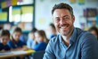 © Da - Inspiring Elementary School Teacher: Smiling Male Educator in Classroom with Engaged Students. Portrait of Confident Professional Fostering Happy Learning Environment. Back-to-School Season, Joyful Ca