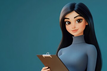 3D character close up portrait of a young businesswoman with long black hairs, in turtleneck, holding a clipboard, with a blue gradient background, copy space, cartoon style, cute 3d design 