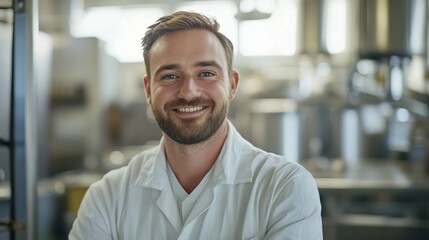Poster - happy male scientist smiling in laboratory while wearing white coat during daytime