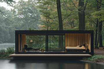 Wall Mural - Seamless Integration of Nature and Modern Design in a Forest Home with Expansive Glass Walls and Wooden Frame