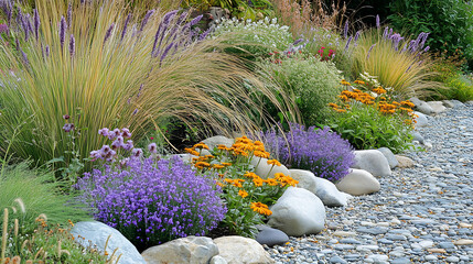 a garden with a mix of ornamental grasses, perennial flowers, and decorative rocks