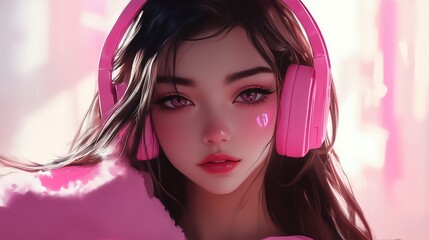 Sticker - anime girl wearing headphone and pink clothes