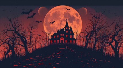 An old, spooky house on top of a hill with a full moon