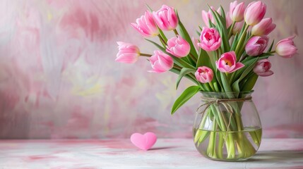 Canvas Print - Pink tulips in vase, heart on left, text space on right