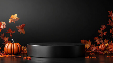 Wall Mural - Minimalist black background for product display with podium and Halloween decorations