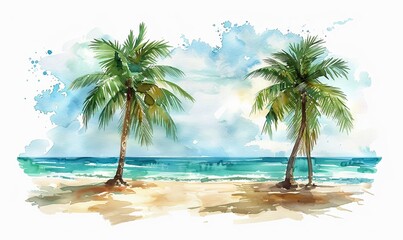 Holiday summer travel vacation illustration - Watercolor painting of palms, palm tree on teh beach with ocean sea, design for logo or t shirt, isolated on white, Generative AI 