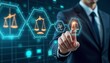 © RCD Studioz - Justice and laws concept. Tech Background Network Abstract Connection, Compliance, regulation, standard and business policy. businessman touching law technology symbol on virtual screen.