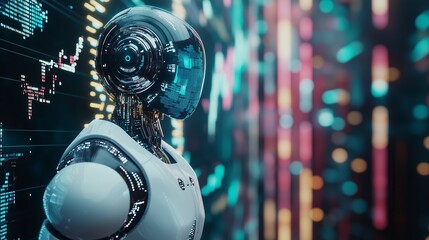 Poster - advanced robotic figure standing against a colorful data visualization background