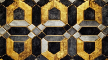 Poster - Elegant and sophisticated geometric pattern created with intricate embroidered designs featuring shimmering gold and silver metallic threads