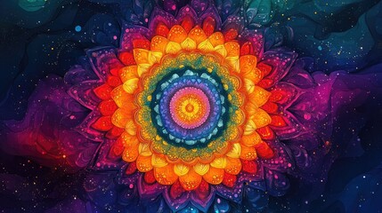 Poster - Vibrant Concentric Mandala with Intricate Rainbow Threads and Embroidered Design  Captivating abstract pattern with geometric shapes symmetry and spiritual elements
