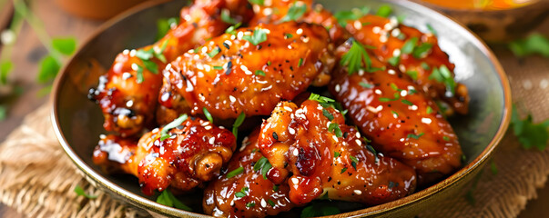 Closeup of Glazed Chicken Wings with Sesame Seeds - Food Photography