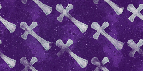 Halloween creepy crosses purple background. Watercolor seamless pattern. Holiday background for wrapping paper, fabric, textile, album