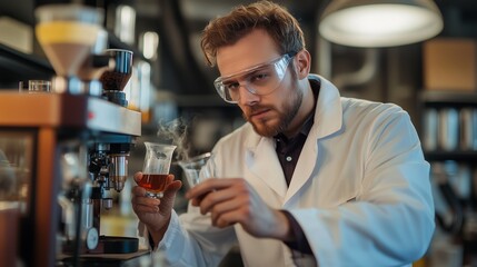 Poster - scientist conducting experiments in laboratory with glassware and equipment during evening hours