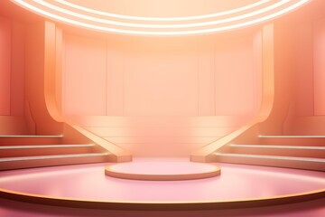 Wall Mural - Minimalist pink and gold platform with stairs for product display.