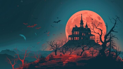 An old, spooky house on top of a hill with a full moon