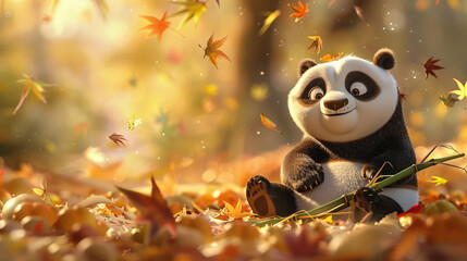 Wall Mural - Panda bring bamboo in the autumn forest