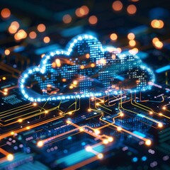 Poster - Blue Cloud Symbol Hovering Over Digital Circuit Board