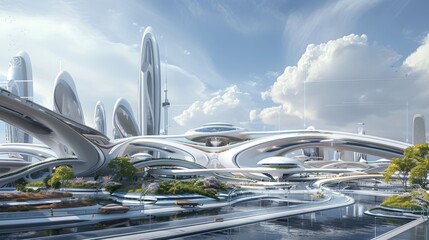 Floating architectural concept with interconnected buildings and sky bridges