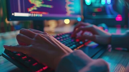 Poster - Close-up of Hands Typing on a Keyboard in a Dimly Lit Room