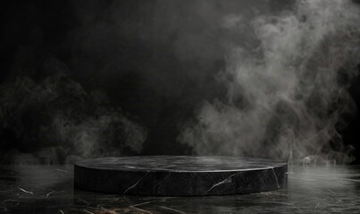 empty black marble table podium with black stone floor in dark room with smoke, generative ai