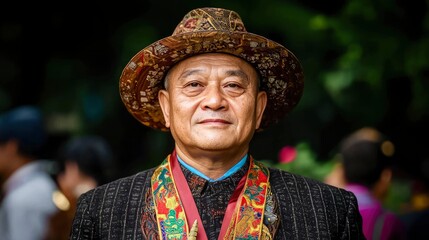 Tour guide in traditional attire, cultural village Background