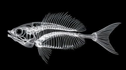 The outline of the fish skeleton, white lines on a black background