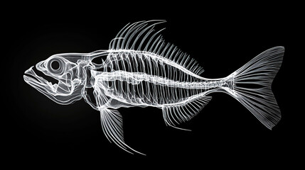 The outline of the fish skeleton, white lines on a black background