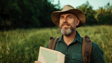 Tour guide with map, national park Background