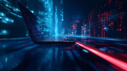 Poster - Open Laptop on a Digital Highway With Blue and Red Lighting